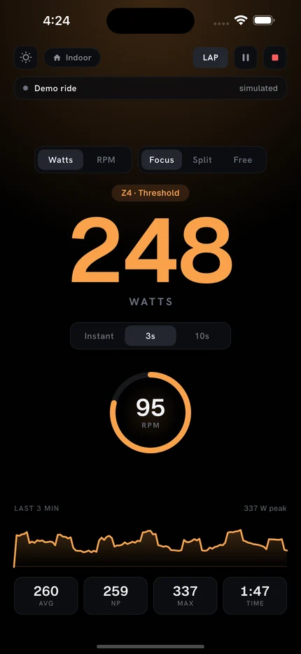 The running Upshift app showing a simulated meter ride: 248 watts, 95 RPM, and a live power graph